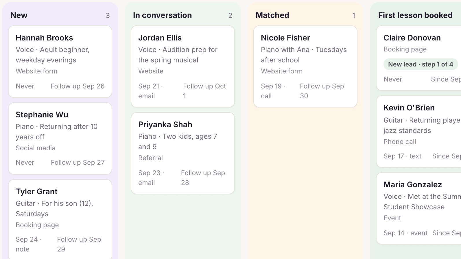 The MyVocalStudio pipeline of new-student inquiries, from new to first lesson booked
