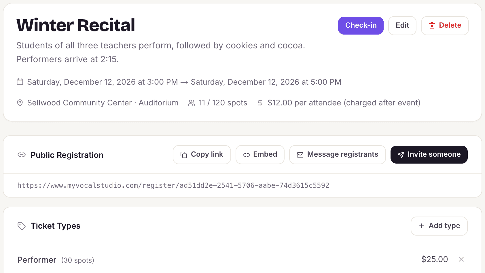 A recital set up as an event in MyVocalStudio, with a registration link and ticket types