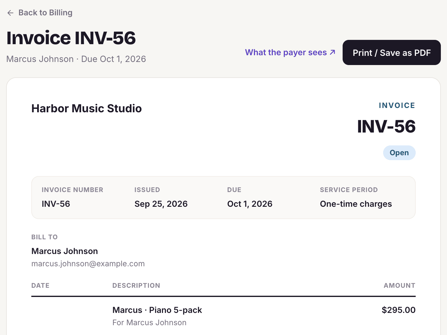 A MyVocalStudio invoice that puts two children’s lessons on one family bill