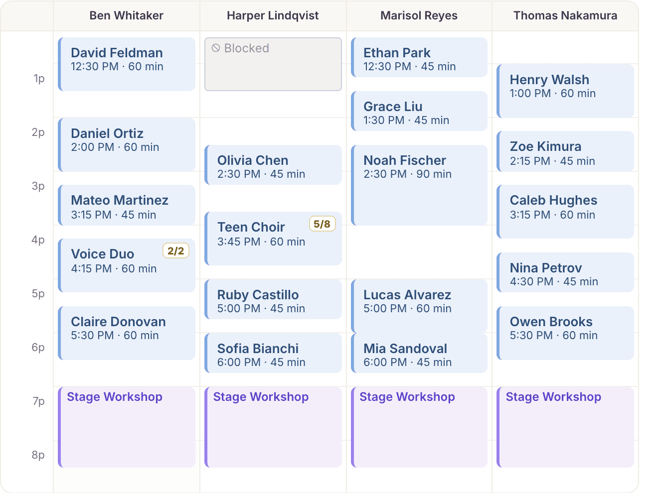 The MyVocalStudio day view for a school: a column per teacher, four teachers, with lessons, a group class, blocked time and a workshop