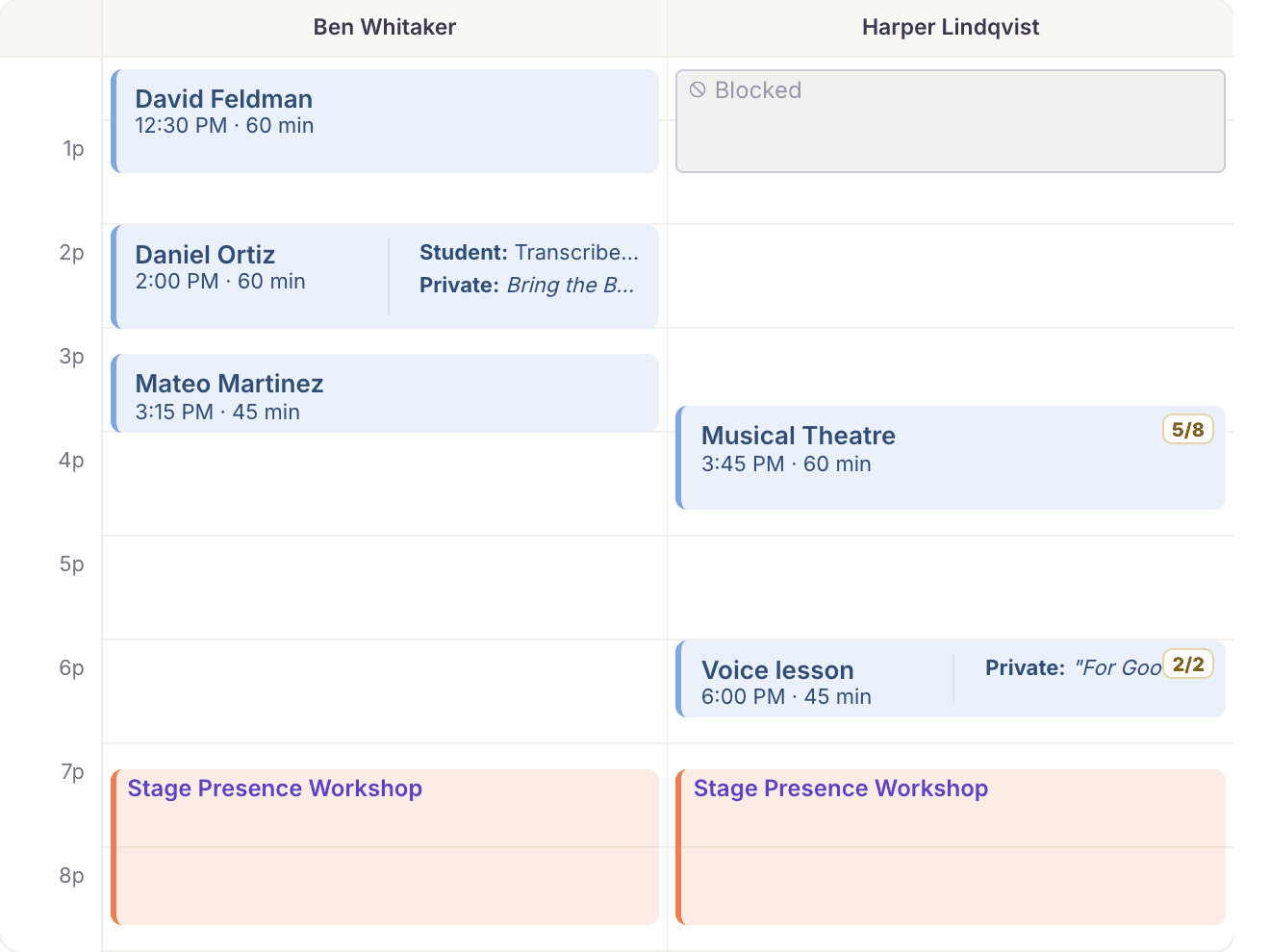 The MyVocalStudio day view with a column per teacher, showing lessons, a group class, blocked time and a workshop
