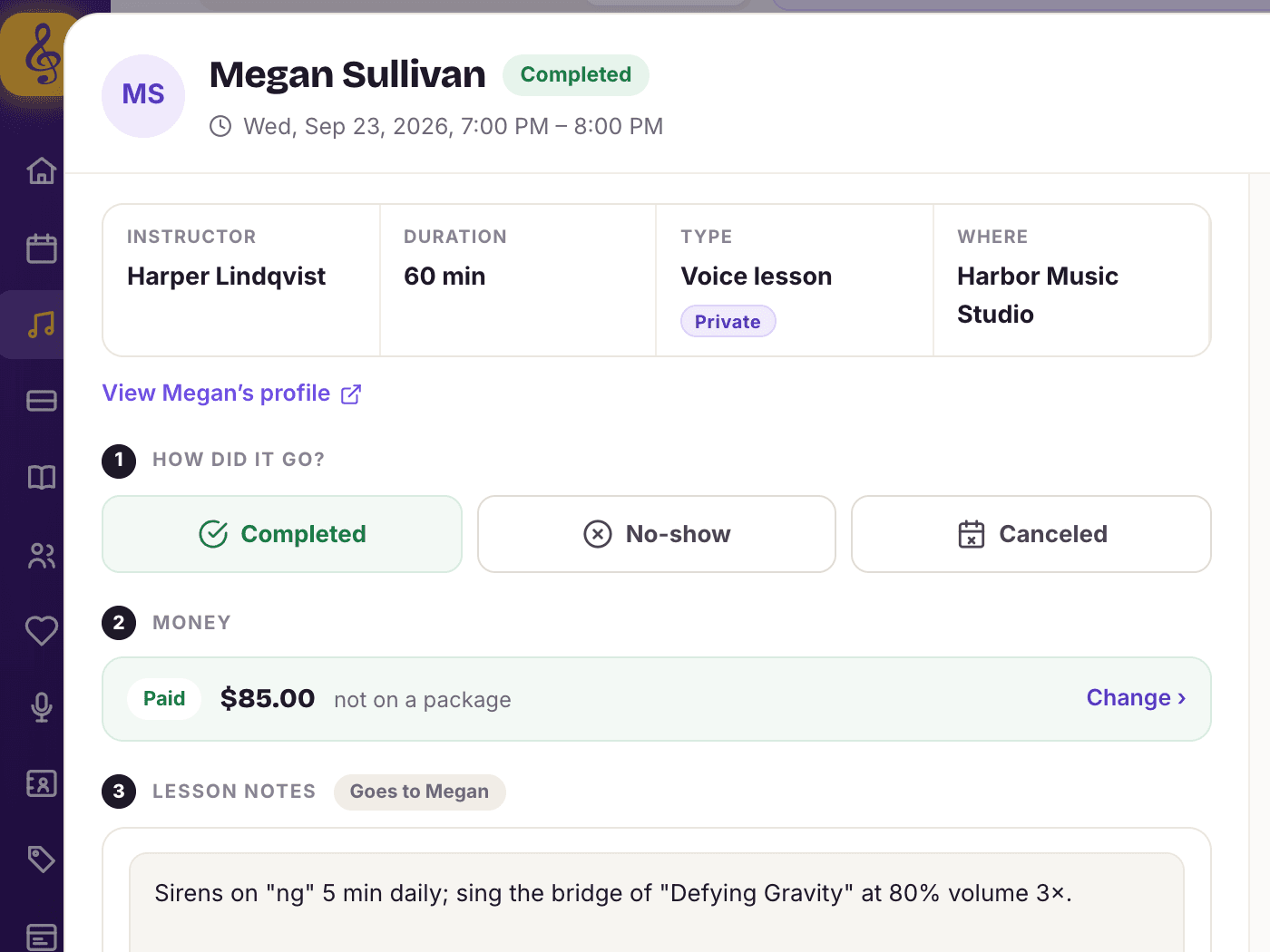 A lesson card in MyVocalStudio with the outcome, the payment and the practice note the student sees