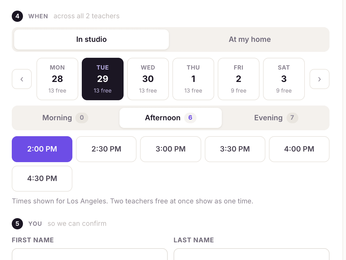 A studio’s booking page in MyVocalStudio showing the open times on a Friday, with 3:30 PM picked
