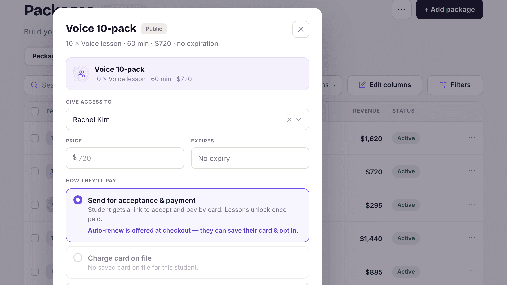 Enrolling a student in a Voice 10-pack in MyVocalStudio, with the ways they can pay