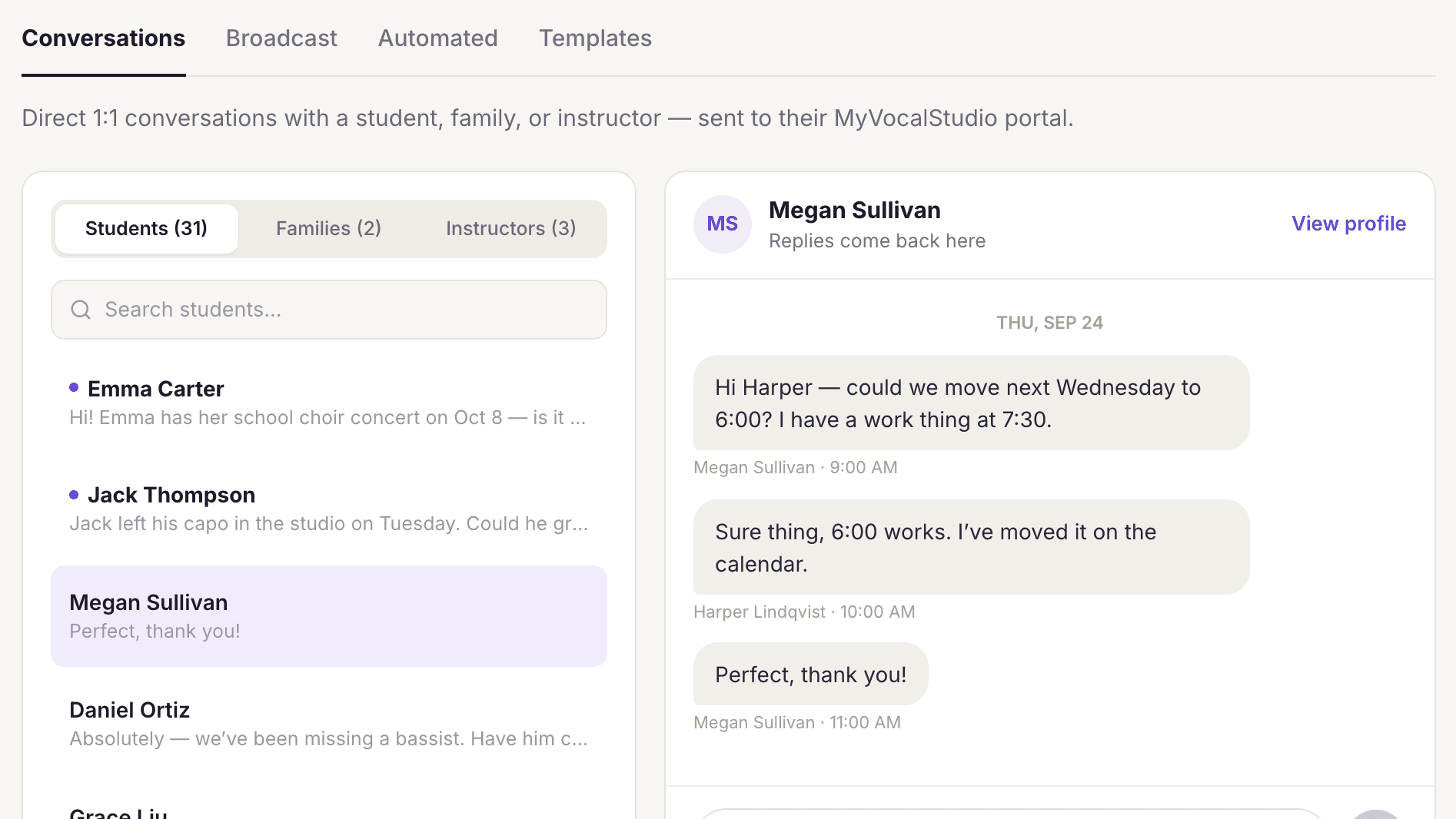 A conversation with a student in MyVocalStudio messages