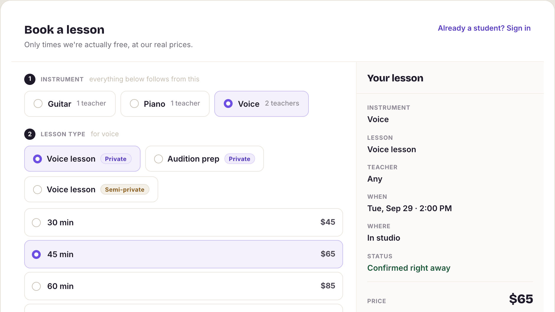 A studio’s booking page in MyVocalStudio: pick an instrument, a private or semi-private lesson, a length and price, with a summary of the time picked