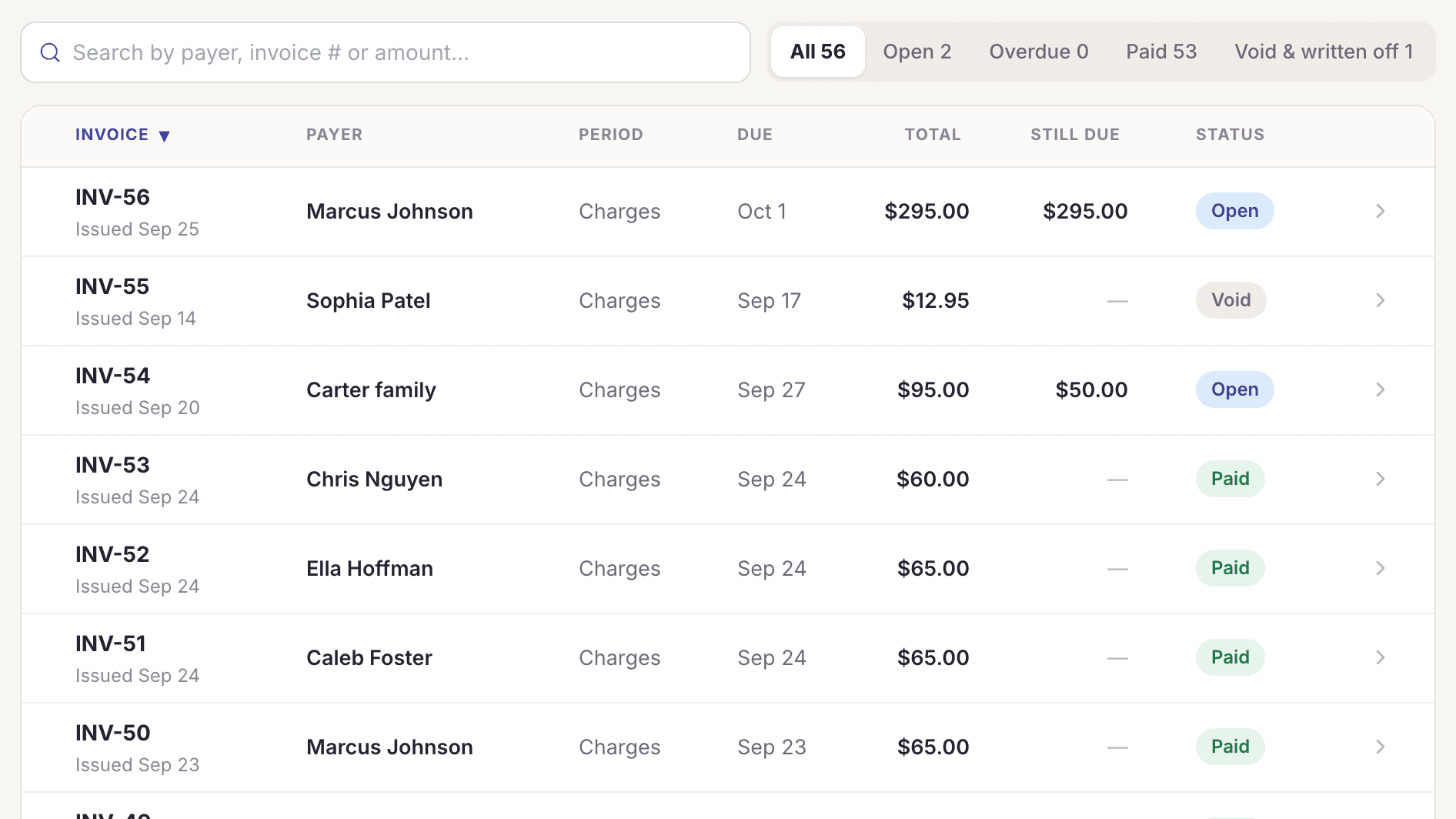 The MyVocalStudio billing screen listing invoices by payer with open, void and paid status