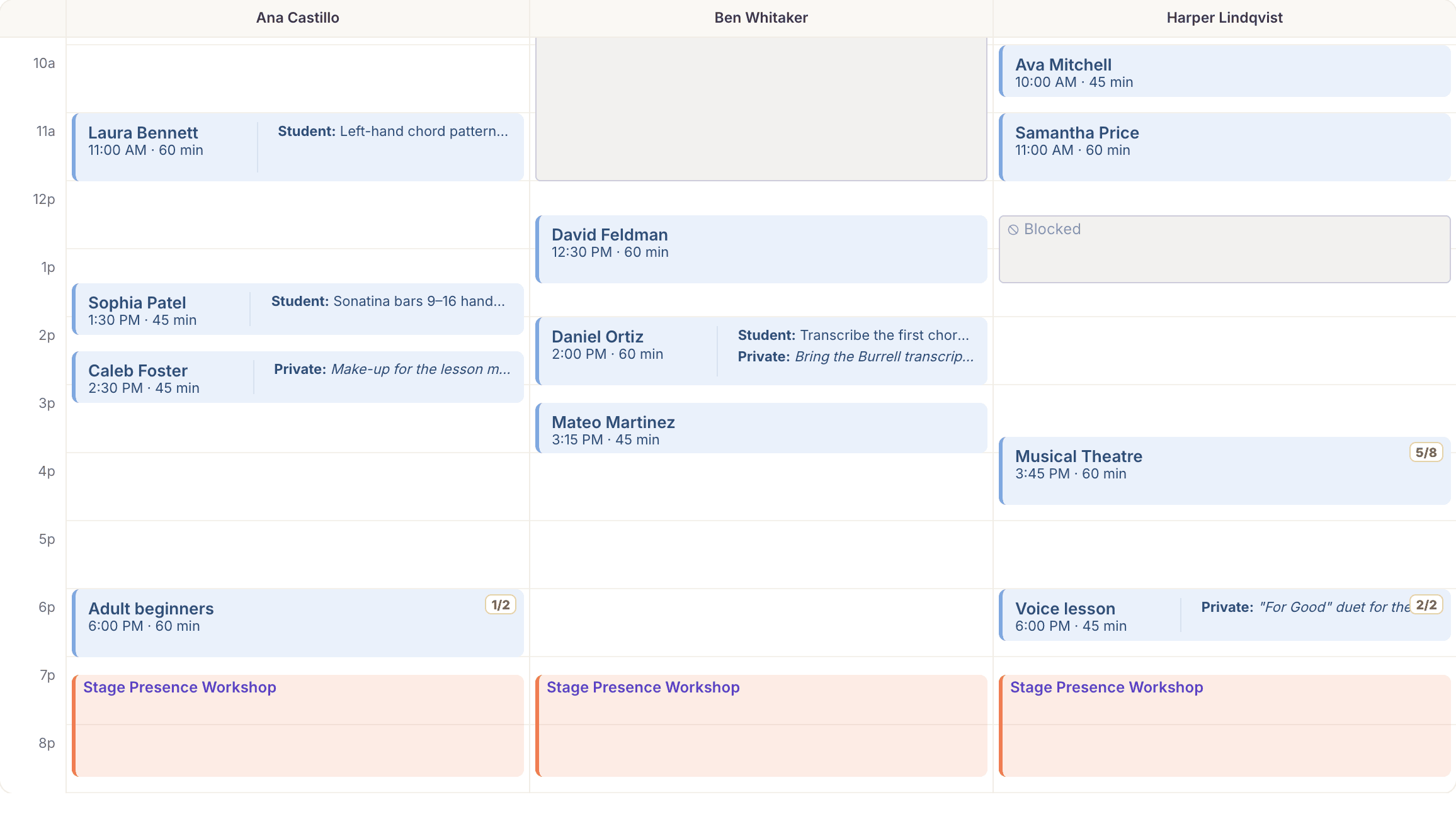 The MyVocalStudio day view with a column per teacher: private lessons, a two-seat voice lesson, a Musical Theatre class, blocked time and an evening workshop