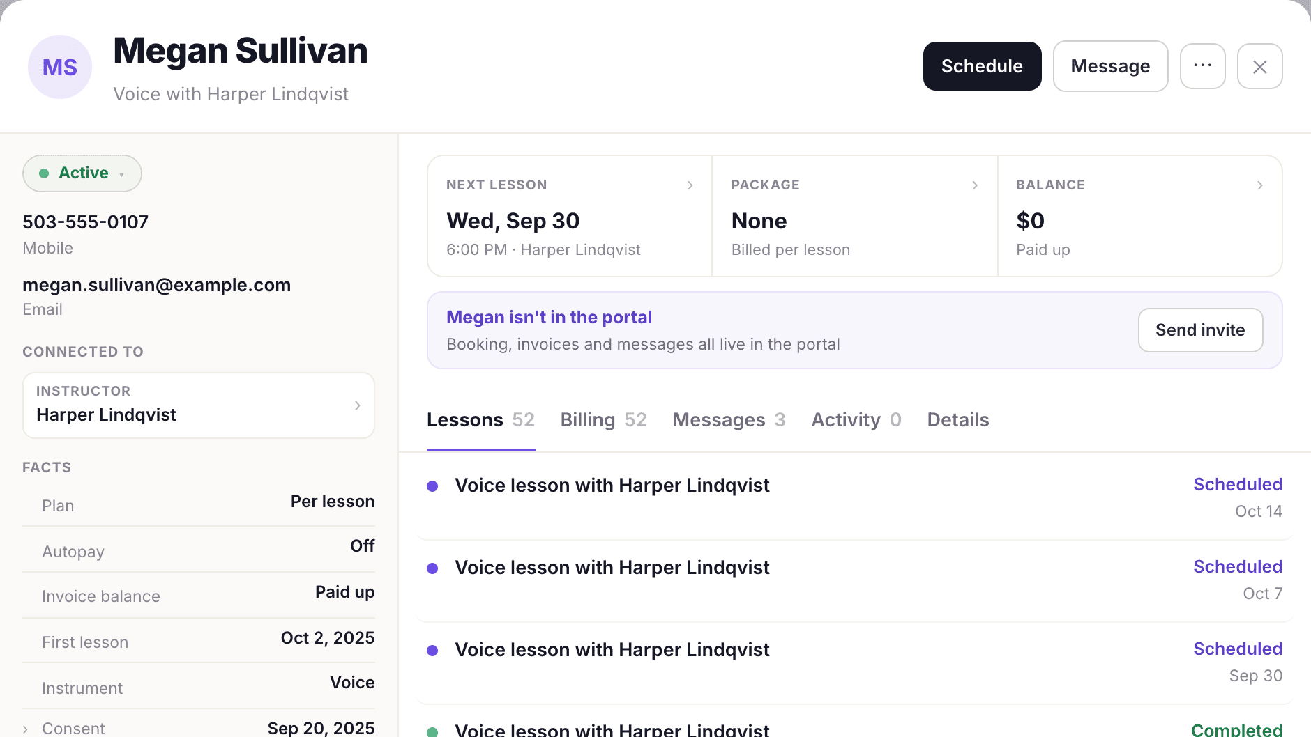 A student record in MyVocalStudio: contact details, teacher, next lesson, balance and lesson history