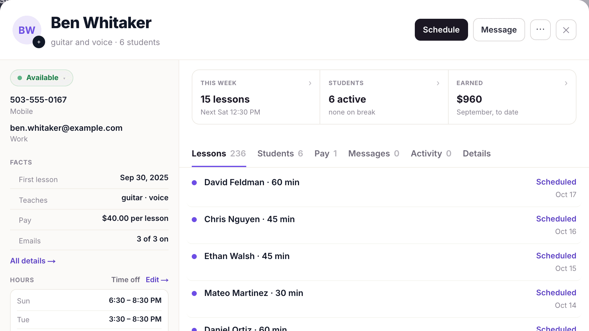 A teacher record in MyVocalStudio with this week’s lessons, students, earnings, pay rate and hours