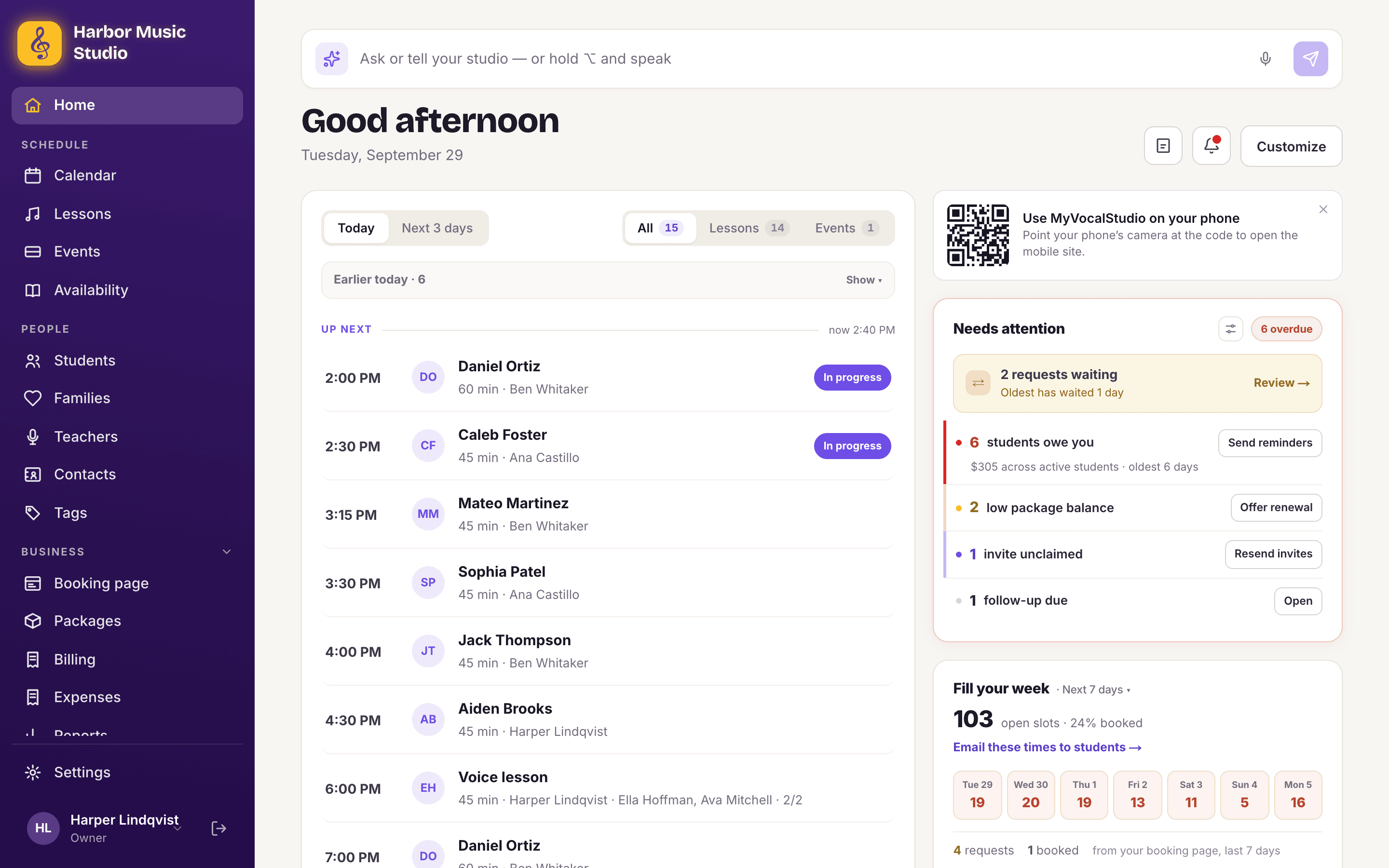 The MyVocalStudio home screen: today’s lessons and events in time order, a Needs attention list with a booking request, money owed, low packages and a follow-up, and open slots for the week