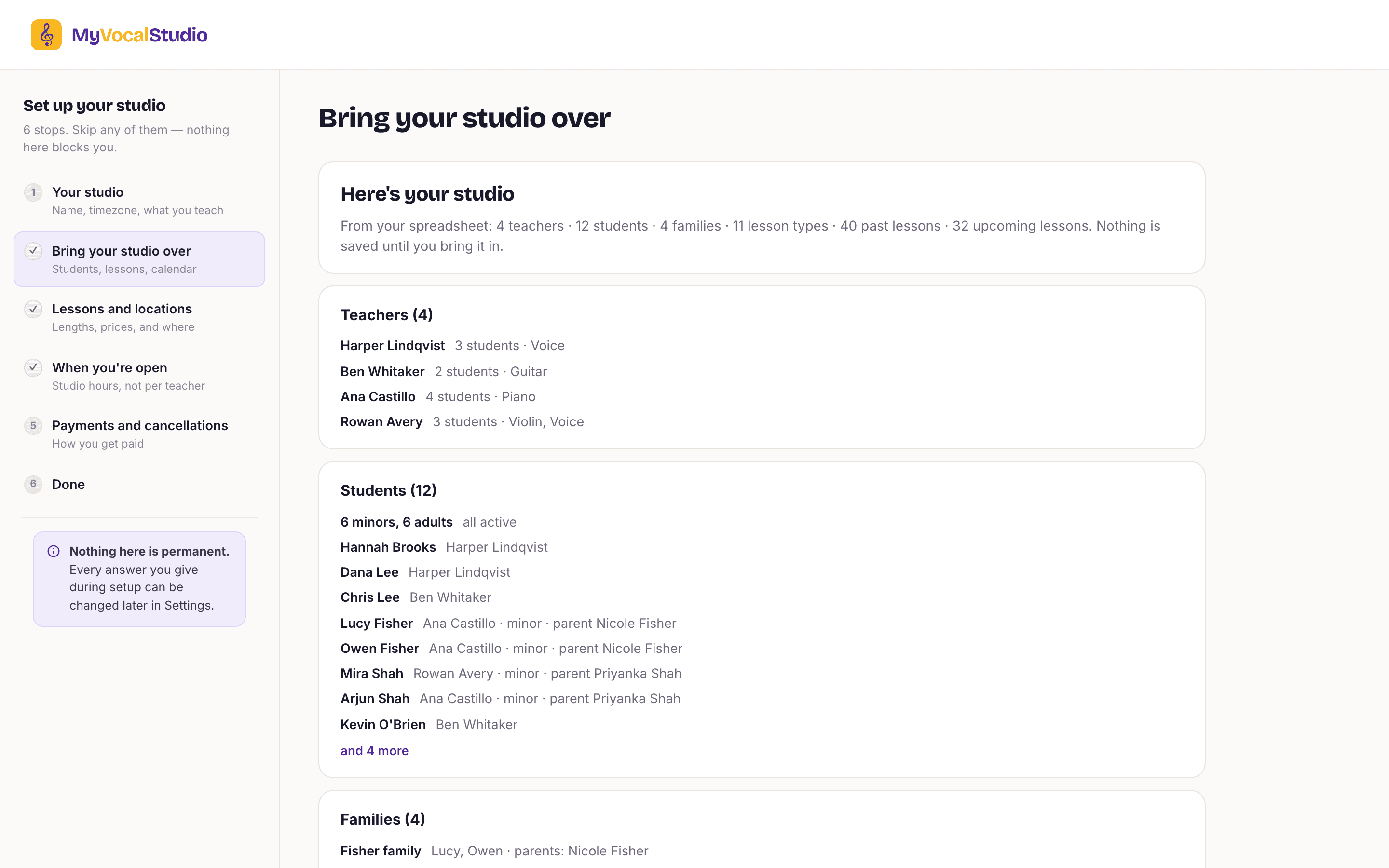 Setting up MyVocalStudio: the six setup steps down the side, and Bring your studio over with teachers, students, then lessons and packages, plus a calendar to connect